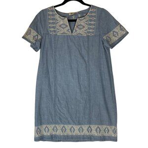 Madewell Blue Embroidered Denim Shift Dress Size Small Blue Cotton Short Sleeve